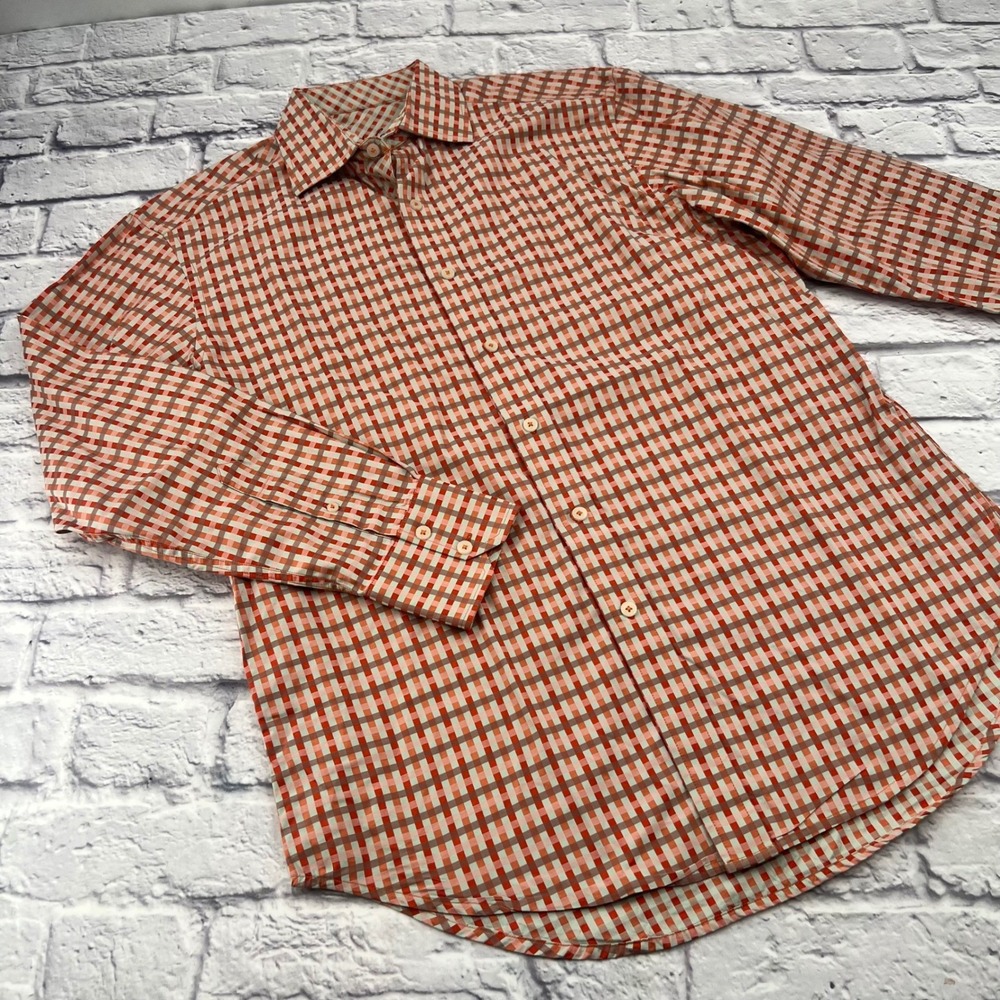 Robert Graham Mens Orange Tan Gingham Check Long Sleeve Button Up Shirt Size M